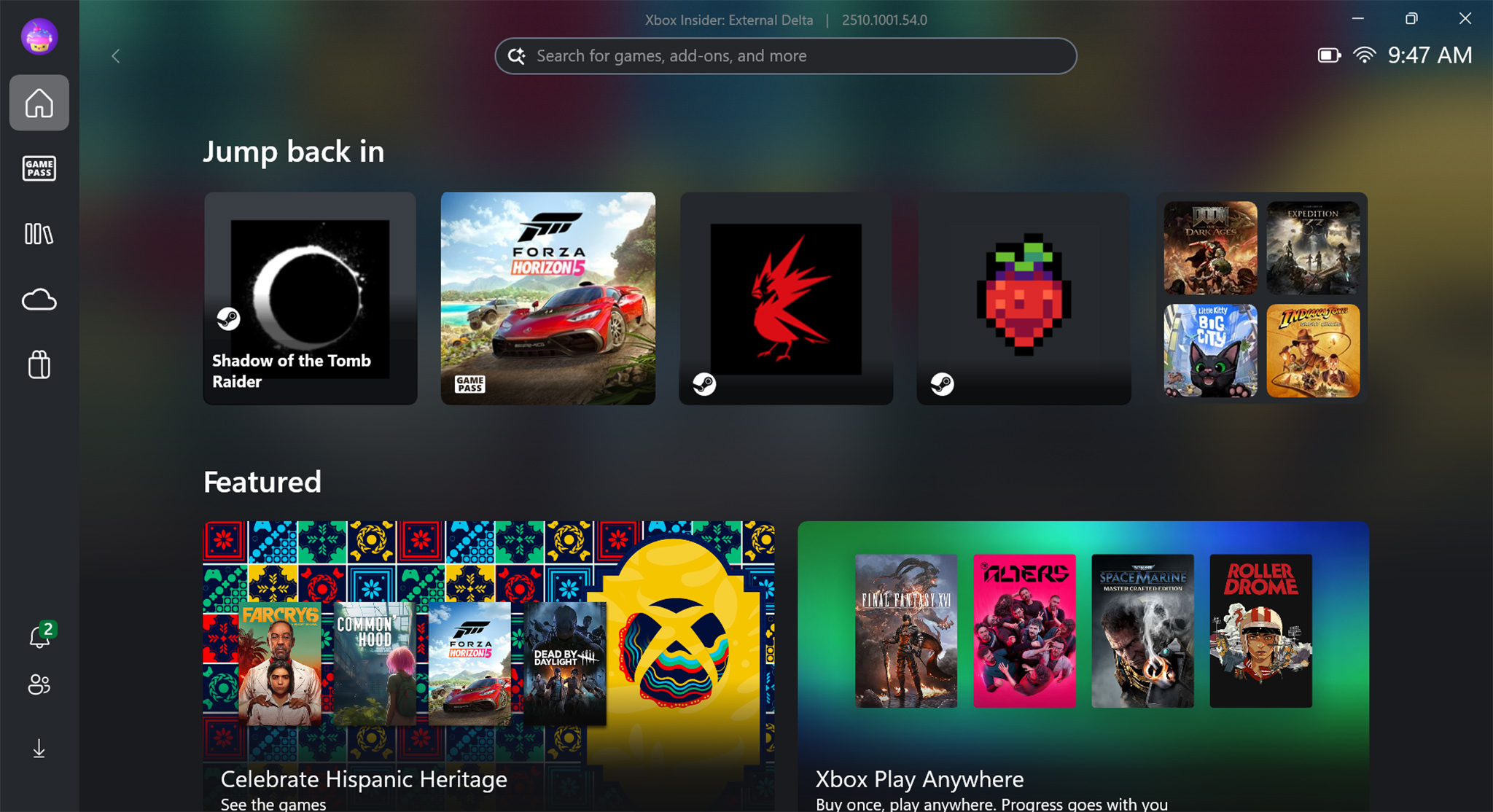 The Xbox Full Screen Experience home page showing recently played games on Xbox Ally X.