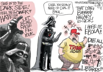 Political cartoon U.S. 2016 election Donald Trump voters and Darth Vader
