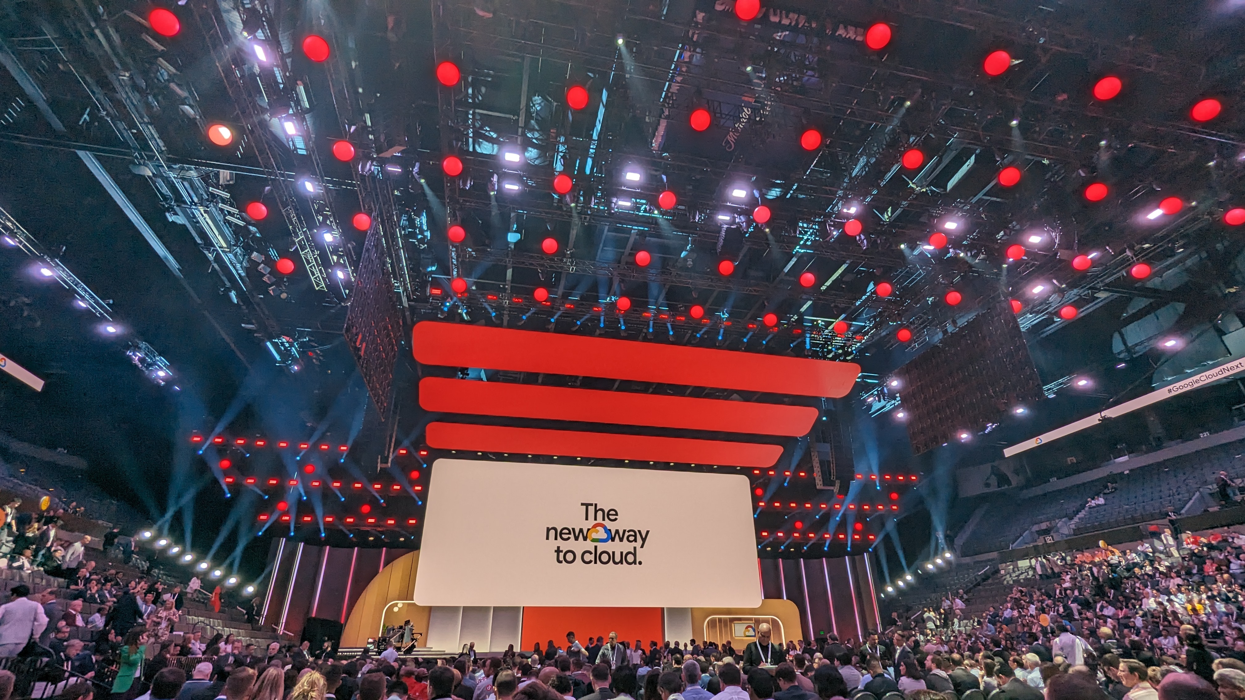 The keynote stage at Google Cloud Next, with the words 'The new way to cloud'.