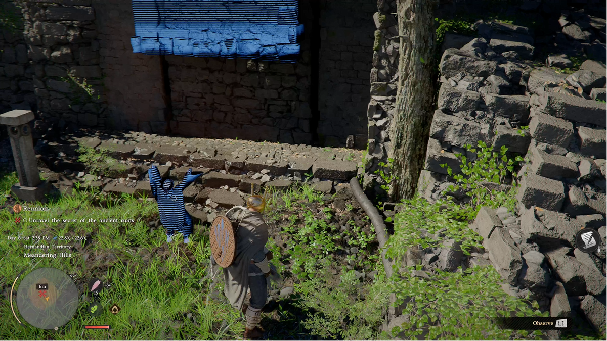 Screenshots obtained at a preview event for Crimson Desert, showing an old wizard, a helmet that replays ambient memories, and a small phantom child lifting a stone door.