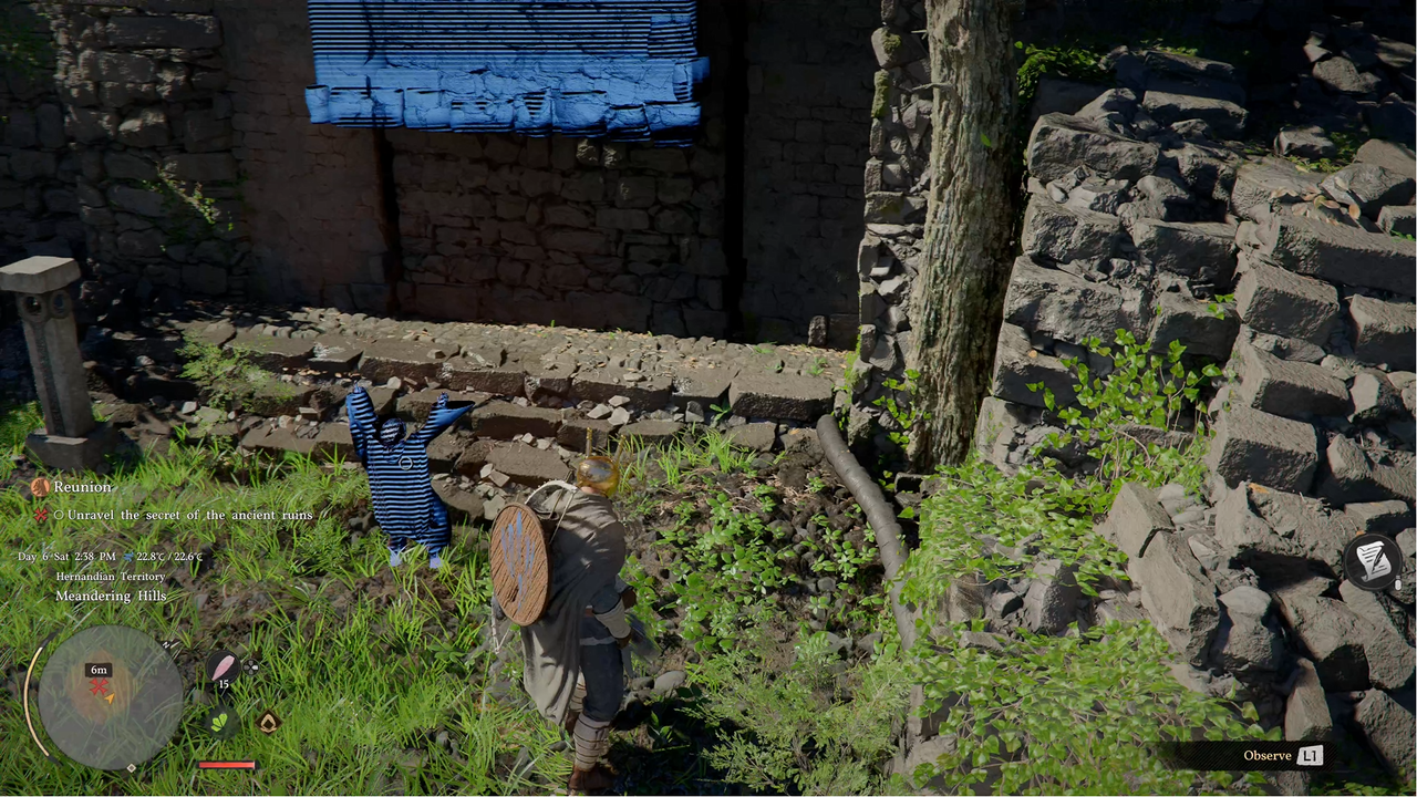 Screenshots obtained at a preview event for Crimson Desert, showing an old wizard, a helmet that replays ambient memories, and a small phantom child lifting a stone door.
