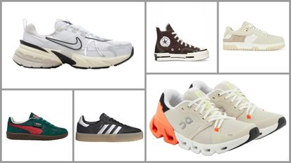 Split image of Nike V2k Run Sneakers, Puma Palermo Casual Shoes, On Cloudflyer 4 Mesh Sneakers, adidas Originals Sambae Sneakers, Chuck 70 Plus Distorted High Sneakers, Acne Studios 08sthlm Low Prime W Low Top Sneakers on white background with grey borders 