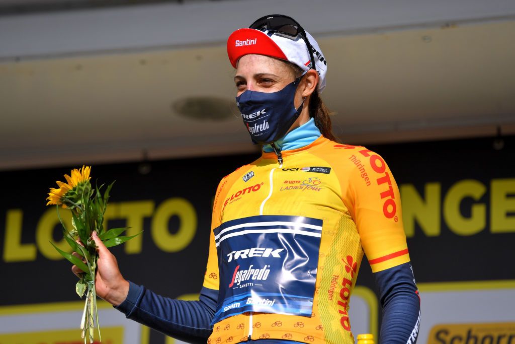 DRTENDORF GERMANY MAY 28 Lucinda Brand of Netherlands and Trek Segafredo yellow leader jersey celebrates at podium during the 34th Internationale LOTTO Thringen Ladies Tour 202 Stage 4 a 101km stage from Drtendorf to Drtendorf 420m ltlt2021 lottothueringenladiestour womencycling on May 28 2021 in Drtendorf Germany Photo by Luc ClaessenGetty Images