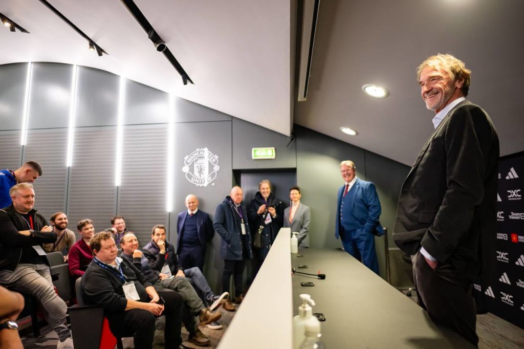 Manchester United co-owner Sir Jim Ratcliffe of INEOS meets members of the press ahead of the Premier League match between Manchester United and Tottenham Hotspur at Old Trafford