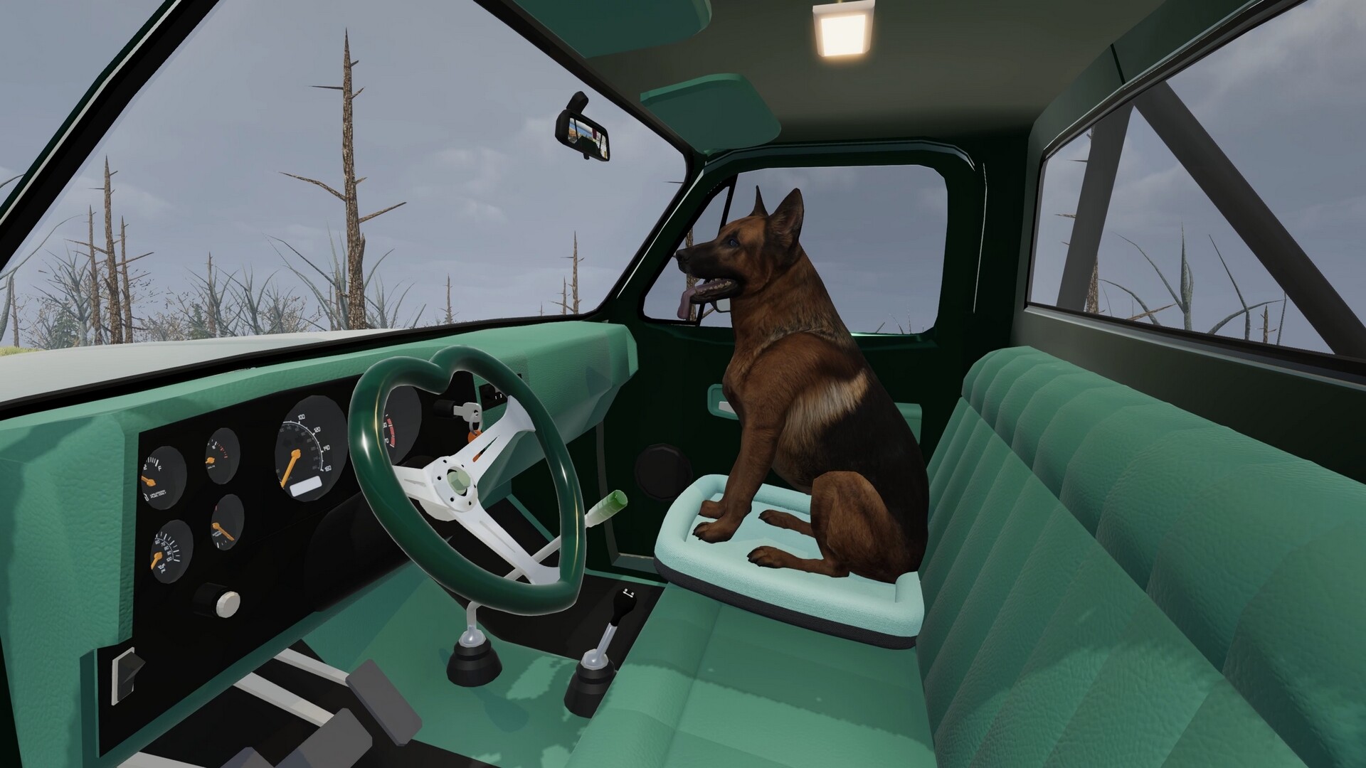A German Shepherd sits in the passenger seat of a car