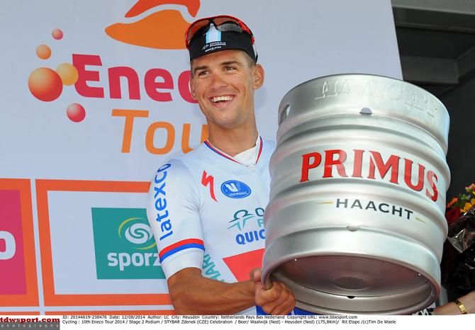 Zdenek Stybar (Omega Pharma-QuickStep) celebrates on the stage 2 podium