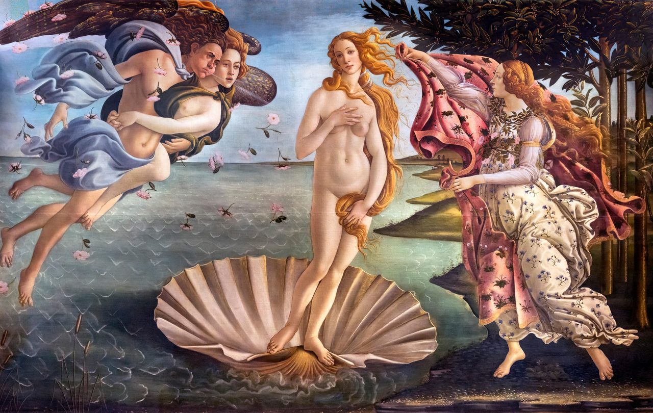 Birth of Venus, 1484–86, by Botticelli (Alessandro di Mariano di Vanni Filipepi), about 1445–1510, 68in by 1091.5in, Uffizi, Florence.