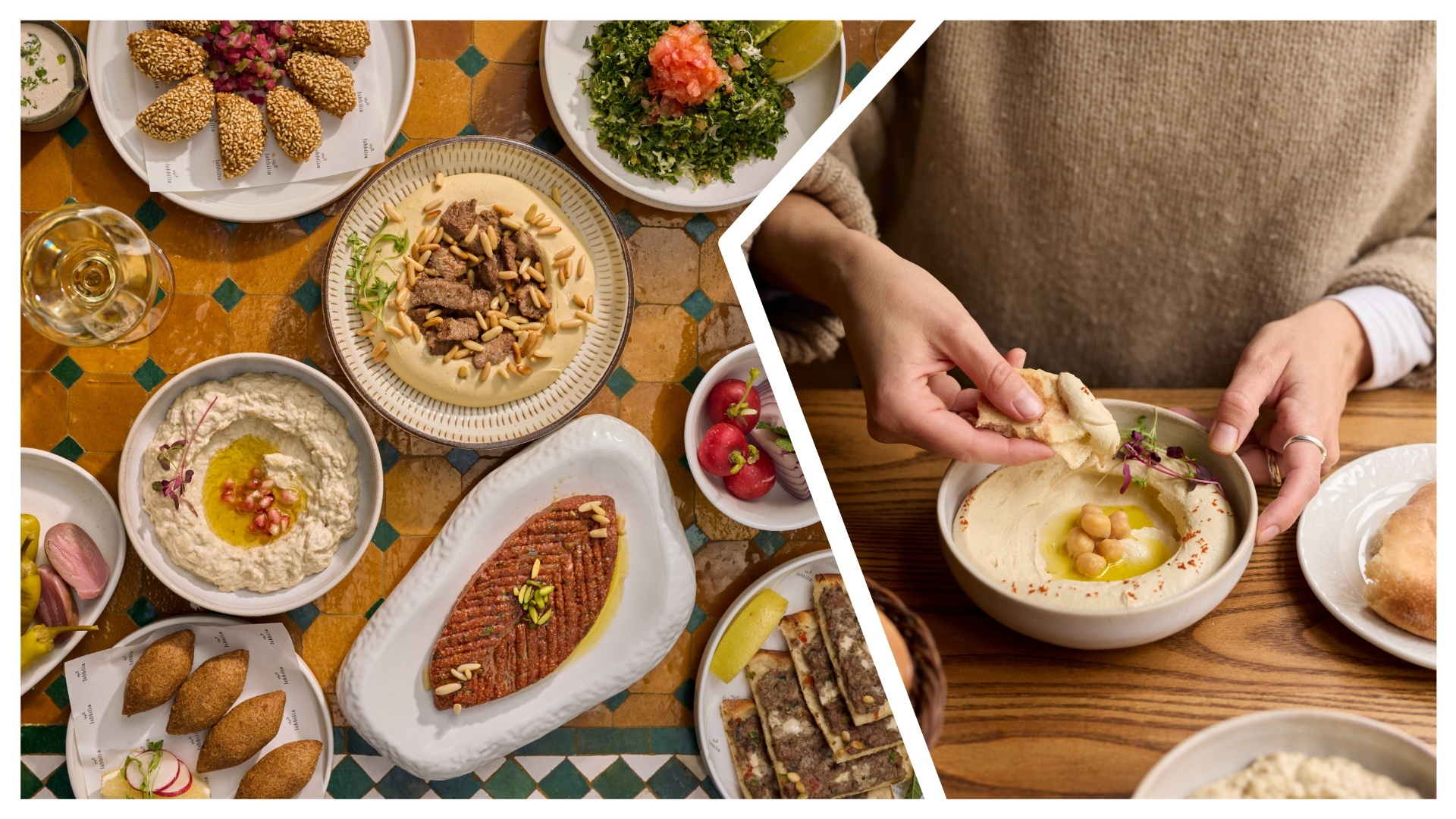 an image of a spread of food at ishbilia spliced with an image of a woman dipping pita into a bowl of hummus
