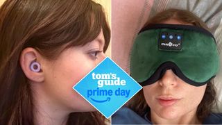 A woman wearing purple Loop Quiet 2 Ear Plugs (left). A woman wearing green Musicozy sleep mask (right) with Tom's Guide Prime Day logo