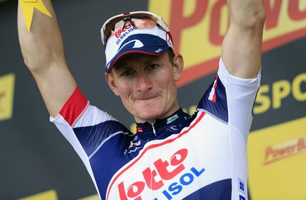 Stage 5 winner Andre Greipel (Lotto Belisol) on the podium.