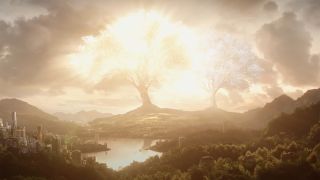 A screenshot of the two Trees of Valinor, which brought light to Middle-earth's First Age, in The Rings of Power trailer