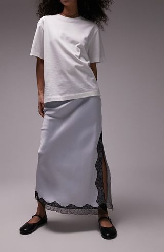 Lace Trim Satin Maxi Skirt