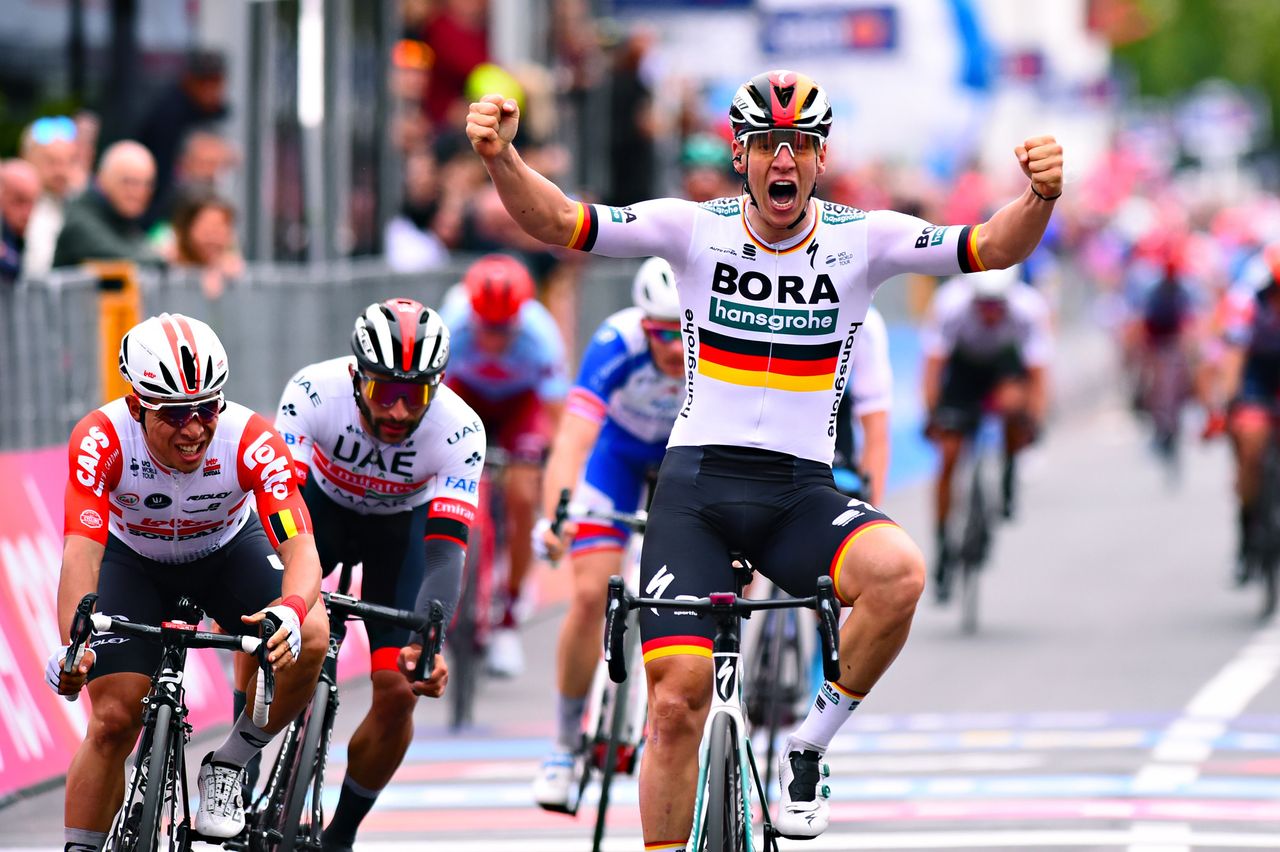 Pascal Ackermann (Bora-Hansgrohe) celebrates as he crosses the line