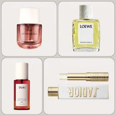 A collage of new perfumes from Phlur, Loewe, Ouai and Dior