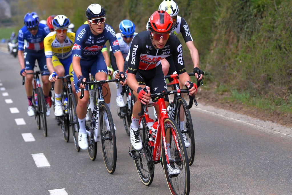 MUR DE HUY BELGIUM APRIL 21 Sylvain Moniquet of Belgium and Team Lotto Soudal during the 85th La Fleche Wallonne 2021 Men Elite a 1936km race from Charleroi to Mur de Huy 204m Breakaway FlecheWallonne on April 21 2021 in Mur de Huy Belgium Photo by Luc ClaessenGetty Images