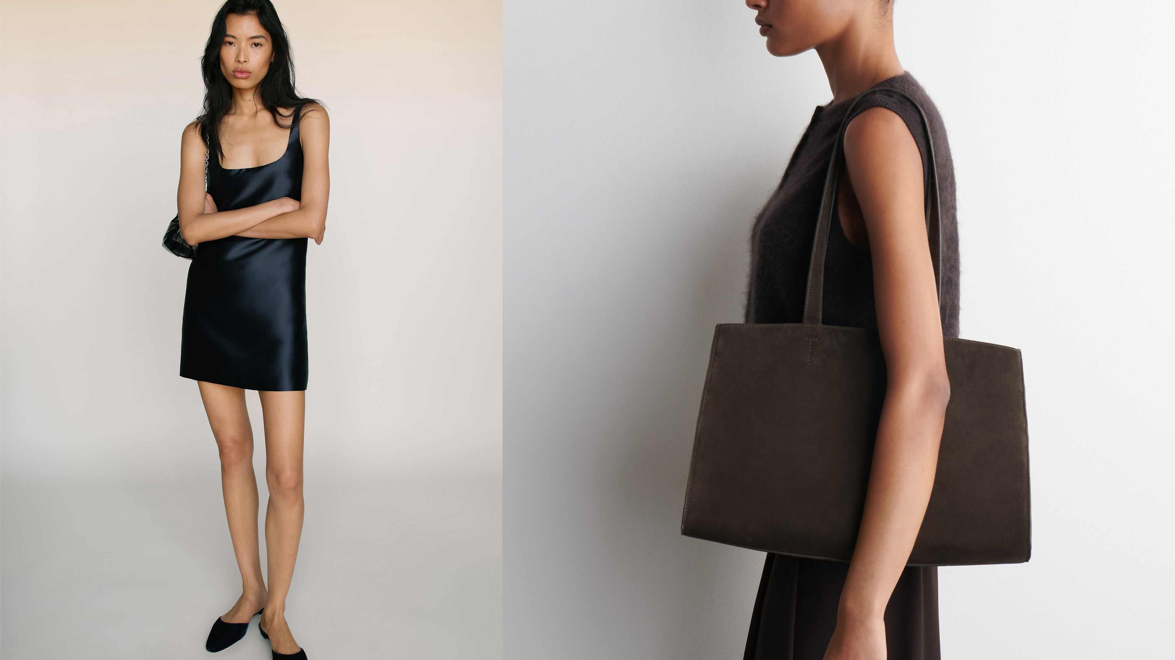 A COS model wearing brown trousers, sandals, and a brown suede tote bag and a Reformation model wearing a navy-blue satin minidress.