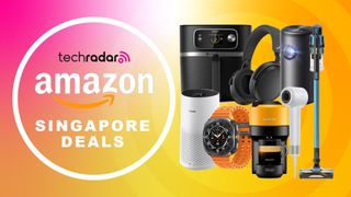 Collage of tech and home appliances on a pink and yellow gradient background with "Amazon Singapore Deals" text.