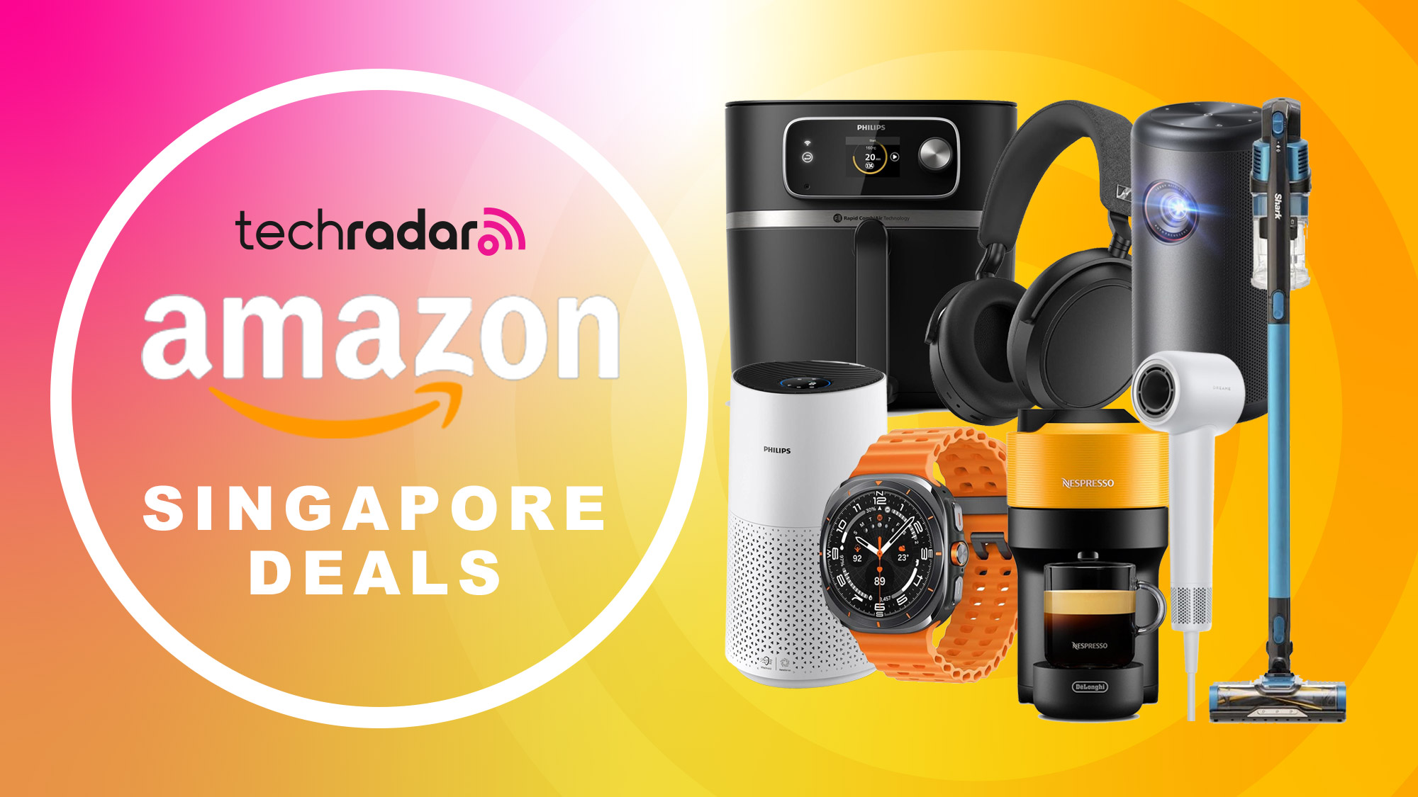 Collage of tech and home appliances on a pink and yellow gradient background with "Amazon Singapore Deals" text.