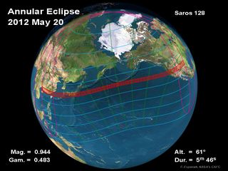 This NASA graphic depicts the path of best viewing for the annular solar eclipse of May 20, 2012.