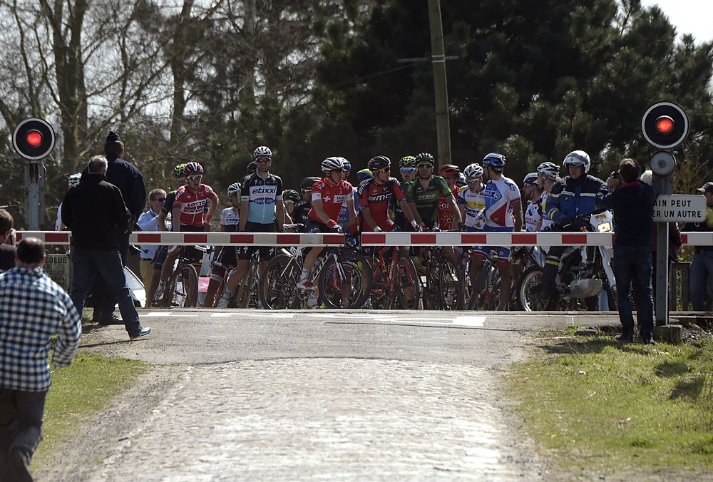 The pack is stopped at a level during the 113th edition of the Paris-Roubaix