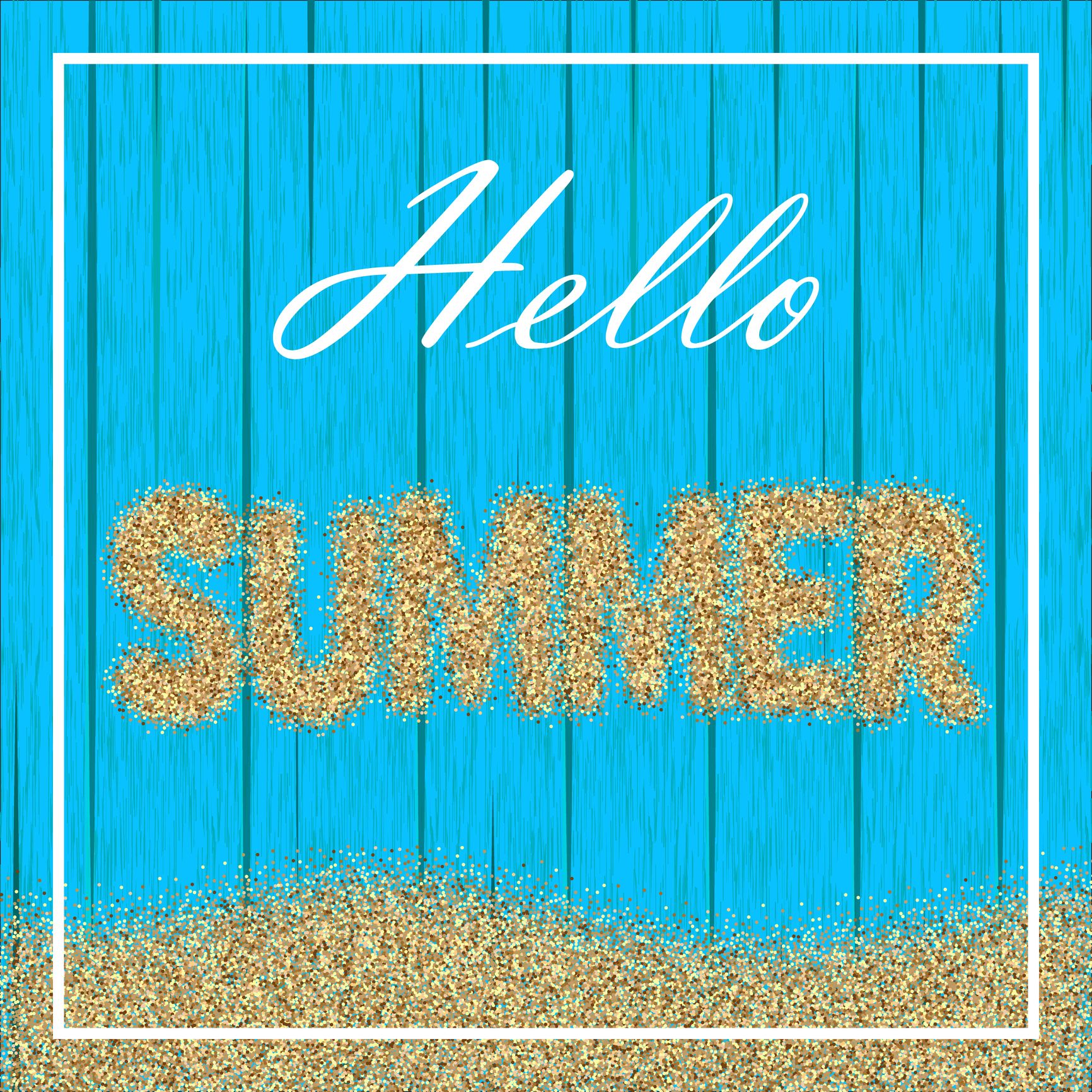 hello summer painted on blue fence in gold glitter