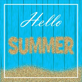 hello summer painted on blue fence in gold glitter