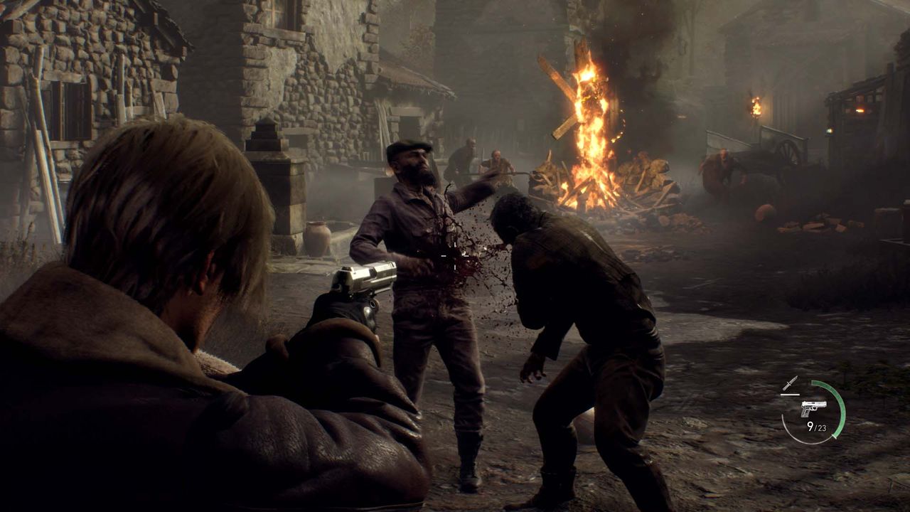 Leon shoots zombie villagers