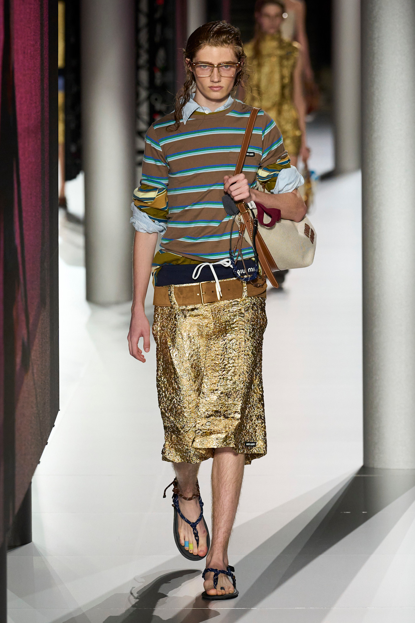 An image of the striped top trend on the Miu Miu spring/summer 2024 runway.
