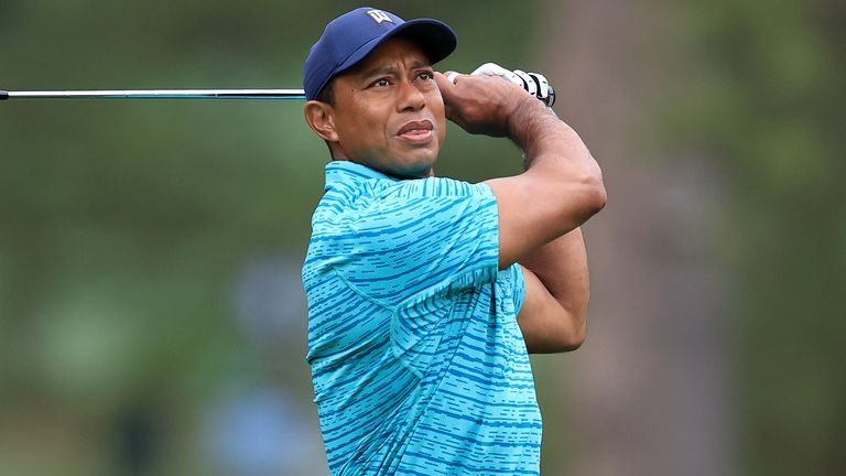 Tiger Woods plays a shot during the second round of the 2022 Masters 