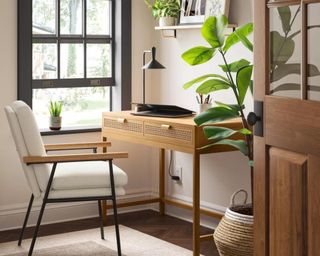 Wooden desk with neutral office chair and plants