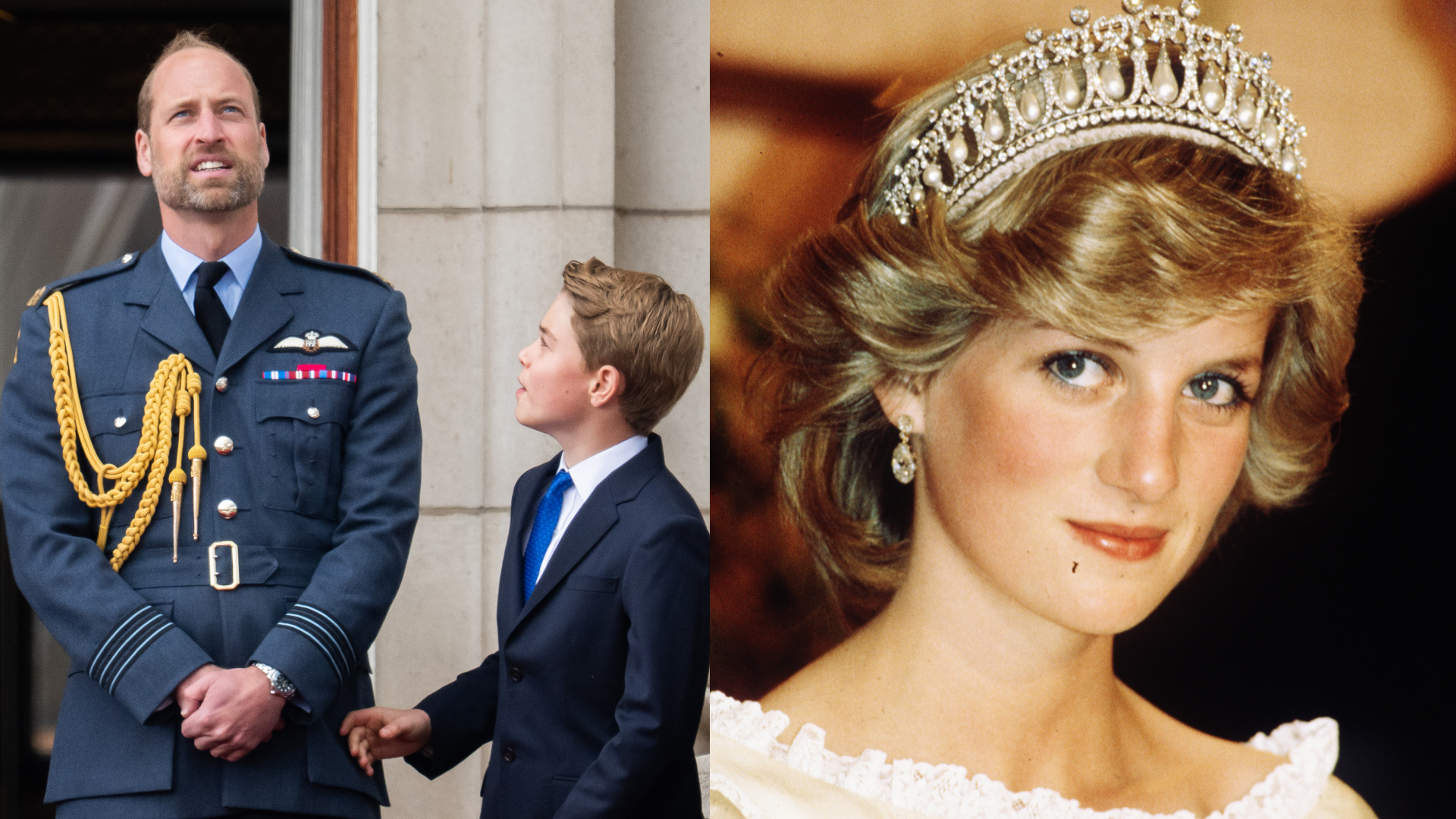 Prince William wearing a blue military coat looking up and standing next to Prince George and a photo of Princess Diana wearing a tiara