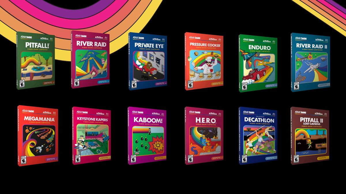 Atari x Activision collection standard edition boxes with black backdrop and rainbow art.