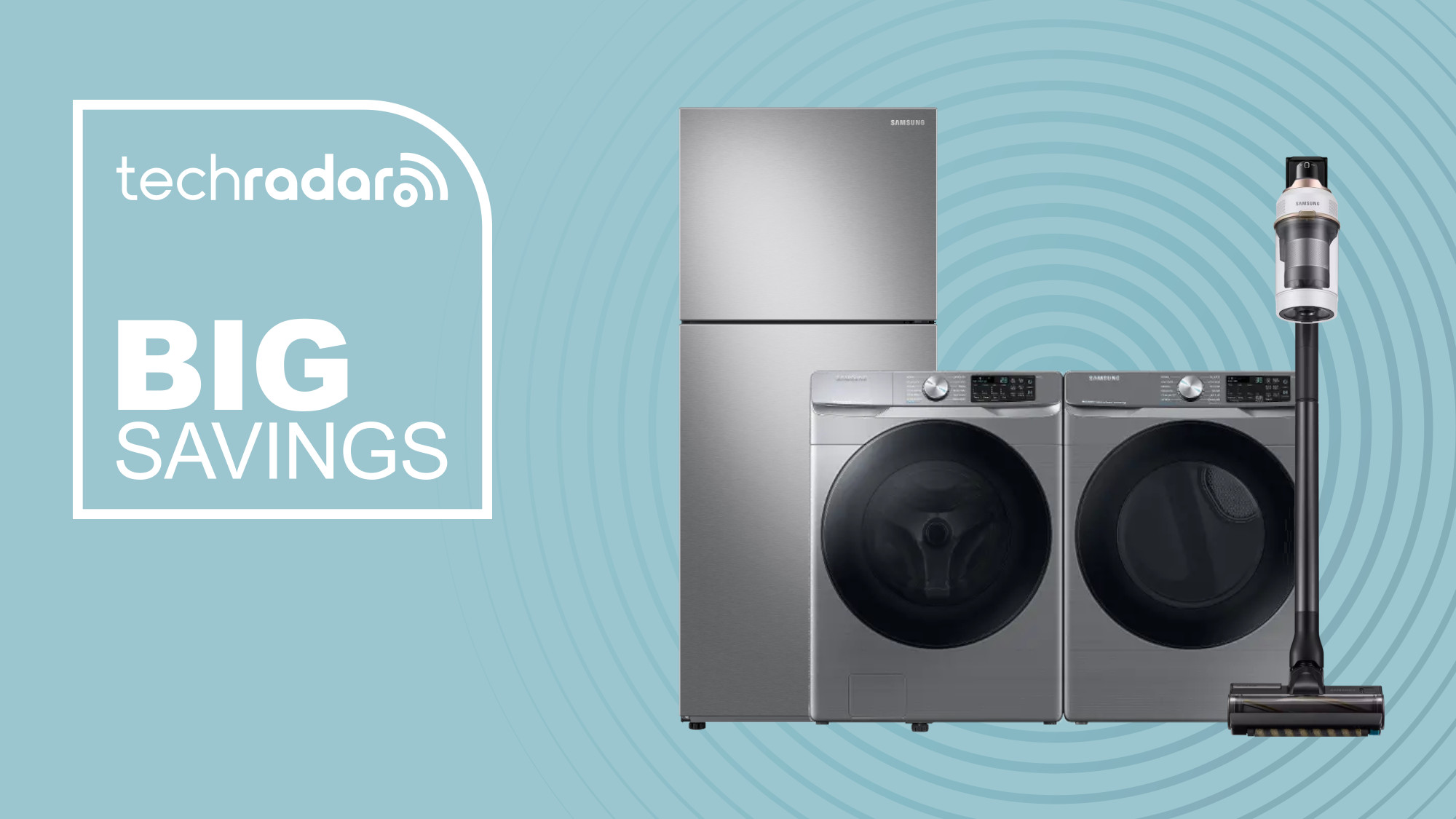 Samsung major appliances and vacuum cleaner on blue background with big savings text overlay