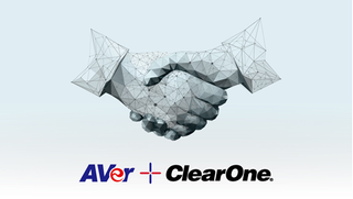 Two handshaking above the ClearOne and AVer logo as the two entered a co-development initiative.