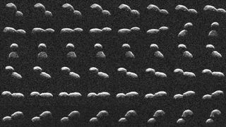 A composite image showing different angles of the snowman-shaped asteroid 2024 ON as it flew close to Earth recently