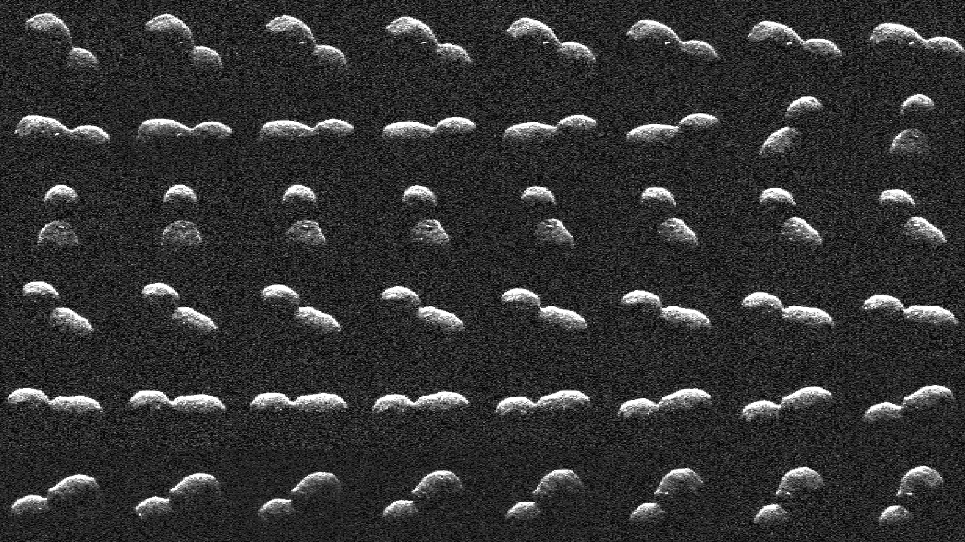 Uma imagem composta mostrando diferentes ângulos do asteróide 2024 ON em forma de boneco de neve enquanto voava perto da Terra recentemente