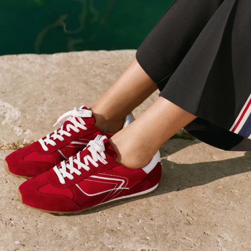 Cali Red Suede Trainers on model 