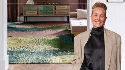 comp image of a stylish living room with colourful rug with an overlay of Sharon Stone