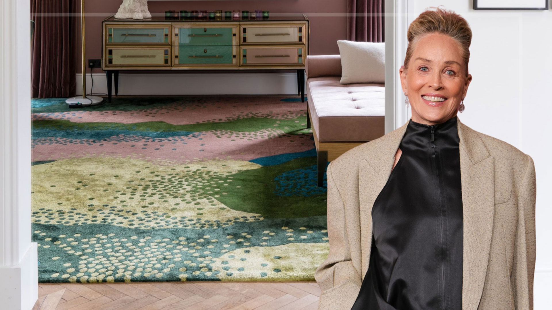 comp image of a stylish living room with colourful rug with an overlay of Sharon Stone