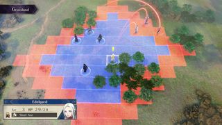 An early-game battle in Fire Emblem: Three Houses showing off Edelgard and the movement grid