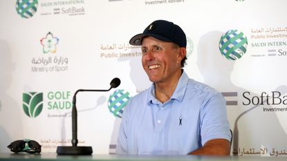 Phil Mickelson speaks to the media at the Saudi International