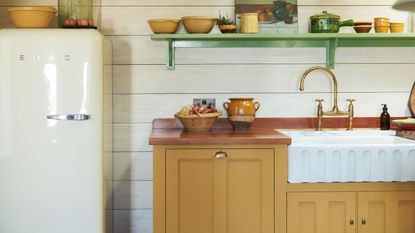 close up of fluted kitchen sink under-mounted with red counters and green shelves above the sink space. There is a SMEG white fridge in view to the left