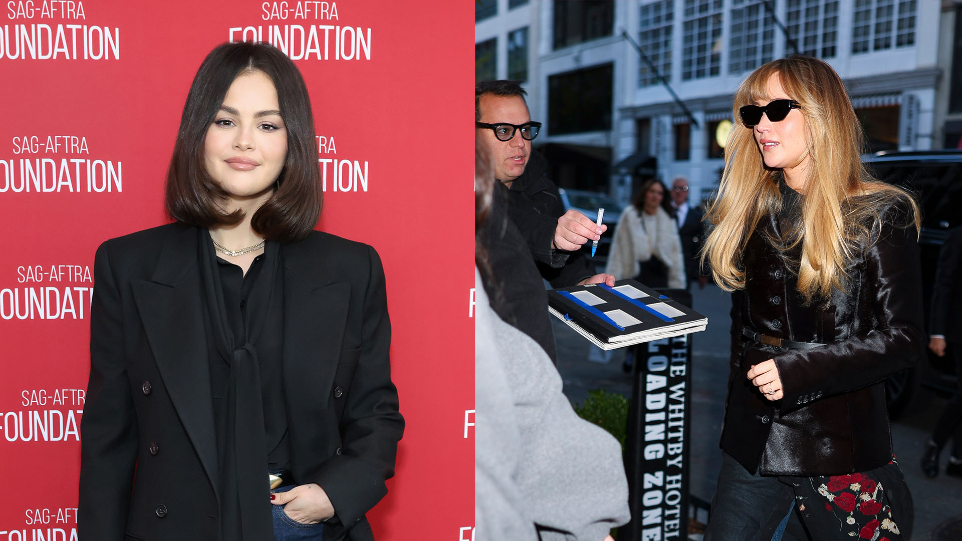 Selena Gomez and Jennifer Lawrence wearing blazers.