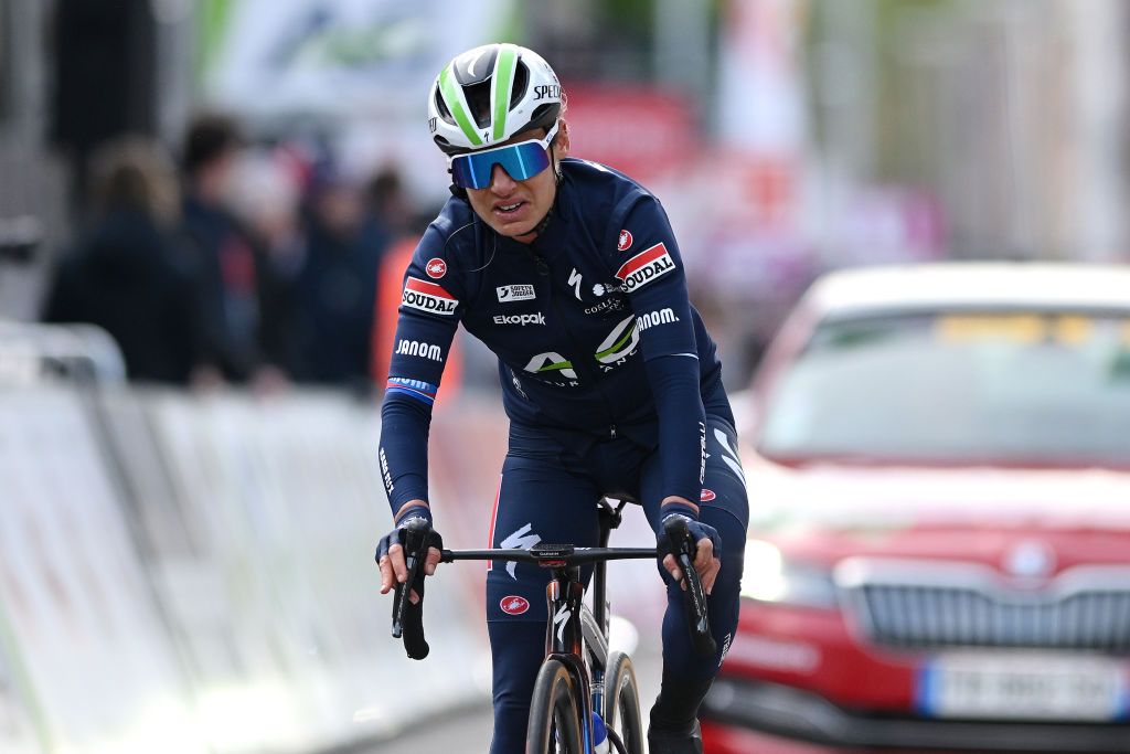 LIEGE BELGIUM APRIL 24 Ashleigh MoolmanPasio of South Africa and Team AG Insurance Soudal Team crosses the finish line during the 8th Liege Bastogne Liege Femmes 2024 a 1529km one day race from Bastogne to Liege UCIWWT on April 24 2024 in Liege Belgium Photo by Dario BelingheriGetty Images