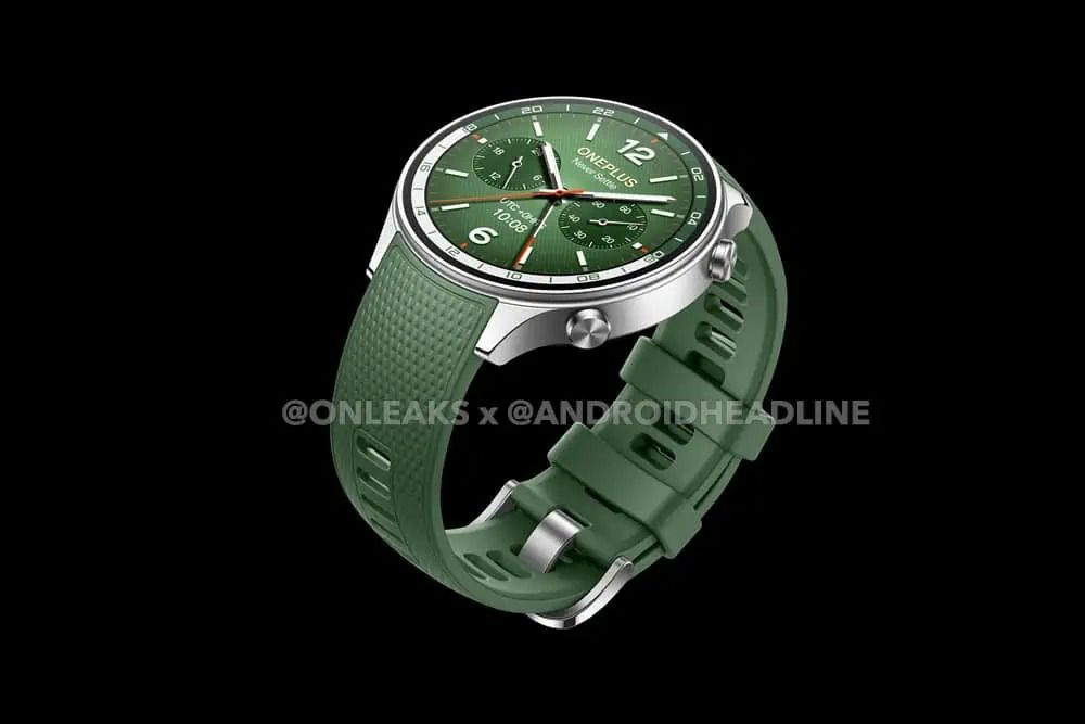 OnePlus Watch 2R in green, angled down, leaked image