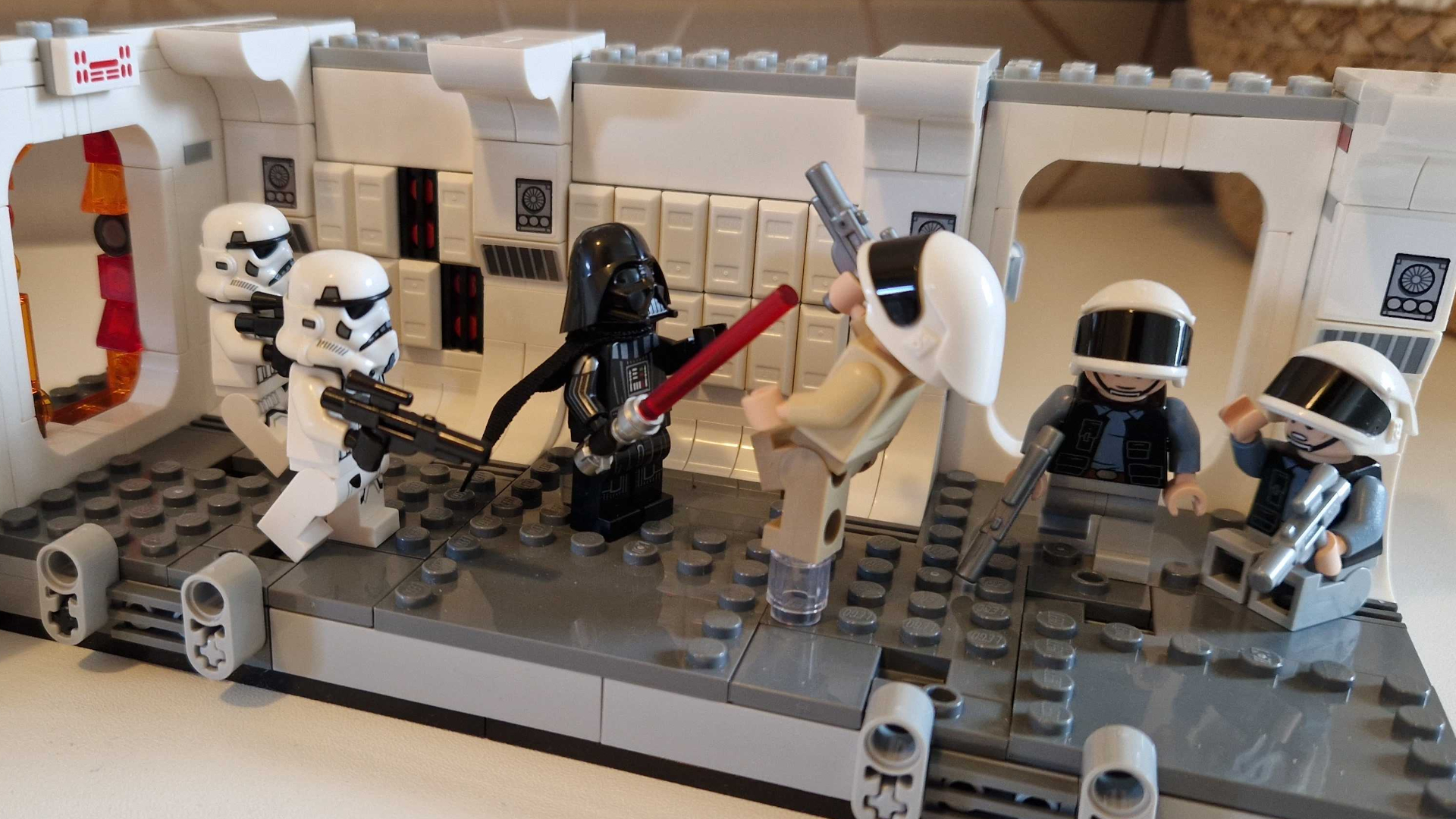The Lego Boarding the Tantive IV set up, with Vader, Stormtroopers, and Rebels
