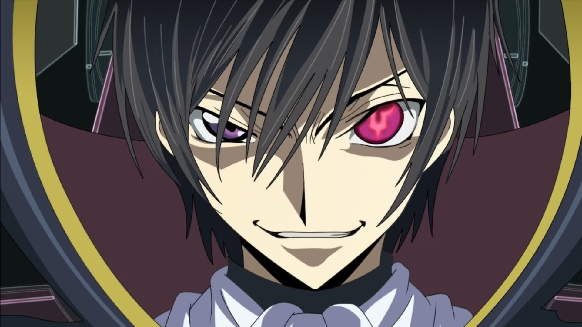 A close-up of Lelouch vi Britannia smiling evilly during the anime Code Geass: Lelouch of the Rebellion