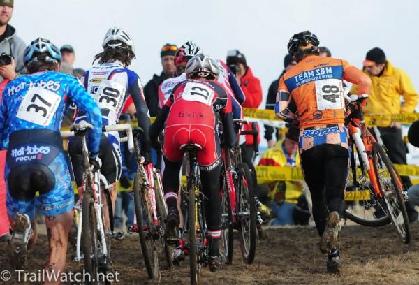 Elite men in a scrum on the run-up.