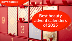 Red and gold advent calendar boxes with red GetPrice logo on top left corner and red bubble that says Best beauty advent calendars of 2025 in white writing