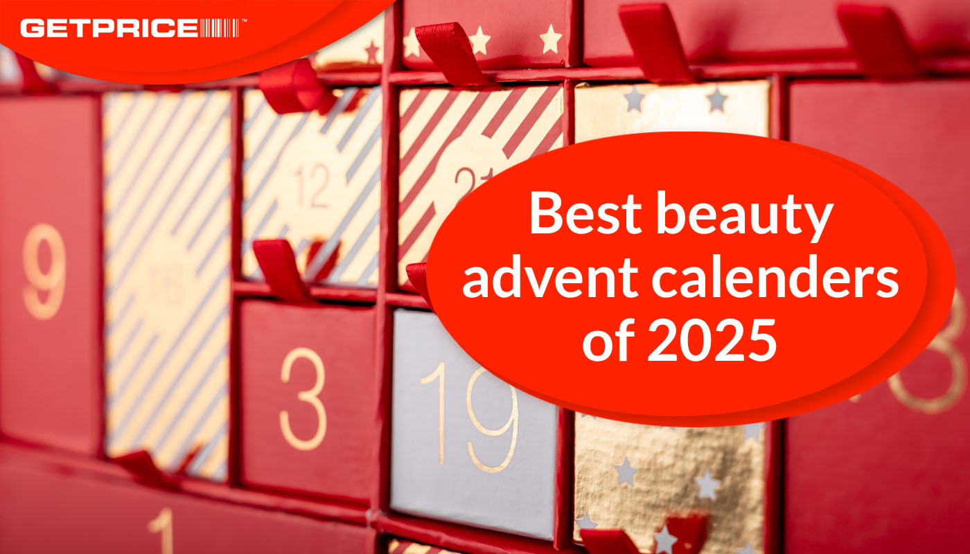 Red and gold advent calendar boxes with red GetPrice logo on top left corner and red bubble that says Best beauty advent calendars of 2025 in white writing